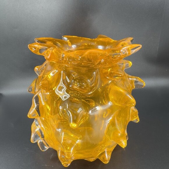 Brutalist Lazy Susan Amber Art Glass Thorn Vase Heavy Glass Vase Vessel Decor - Picture 14 of 16